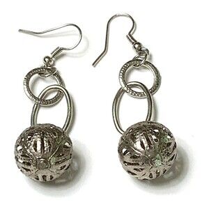 Silver Tone Cut Out Ball Dangle Earrings Filagree Ball Pierced Hook Boho
